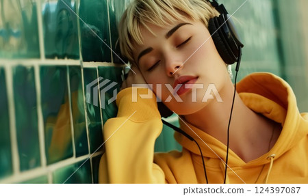 A woman in a yellow hoodie enjoys music through large headphones while basking in sunlight. Eyes closed, she relaxes against vibrant green tiles, embracing a serene and tranquil moment. 124397087