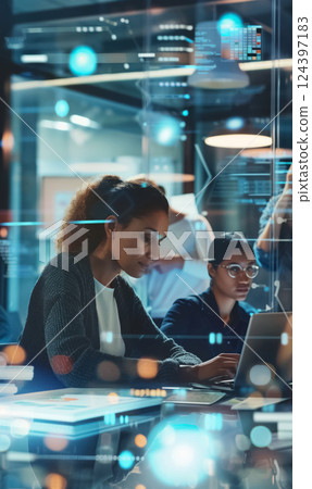 A team of developers collaborates in a tech-driven environment, working on futuristic coding and data projects, surrounded by interactive digital interfaces A team of developers collaborates in a tech-driven environment, working on futuristic coding and data projects, surrounded by interactive digital interfaces 124397183