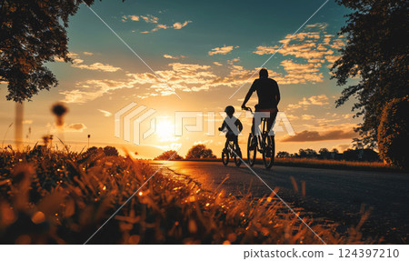 father and son biking together at sunset, family with bicycle enjoying peaceful moment outdoors at summer, bonding and sharing quality time 124397210