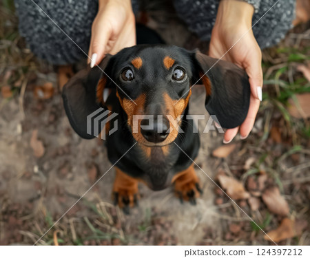 adorable black and tan dachshund puppy looking up with floppy ears held by woman hands in outdoor autumn setting with scattered leaves on the ground. 124397212