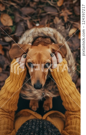 adorable puppy looking up with floppy ears held by woman hands in outdoor autumn setting with scattered leaves on the ground. 124397217