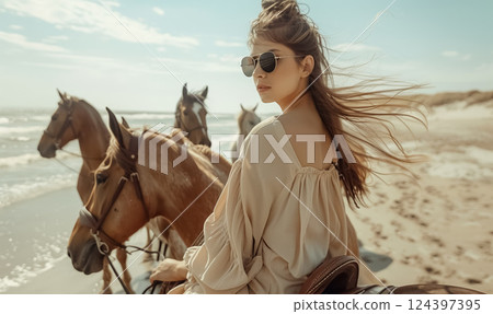 beautiful woman riding horse at sunset on beach, enjoying breeze and freedom of nature, peaceful and adventurous moment on person vacation 124397395