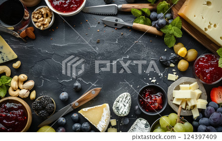 gourmet platter with variety of cheeses, grapes, walnuts, and cashews, delicious assortment of textures and flavors gourmet platter with variety of cheeses, grapes, walnuts, and cashews, delicious assortment of textures and flavors 124397409