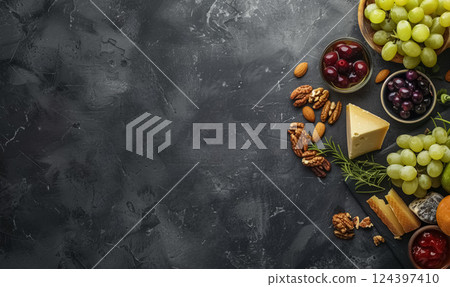gourmet platter with variety of cheeses, grapes, walnuts, and cashews, delicious assortment of textures and flavors gourmet platter with variety of cheeses, grapes, walnuts, and cashews, delicious assortment of textures and flavors 124397410