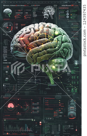 brain scanning hologram on digital screen interface, neural network and neurology science concept, human body research 124397435