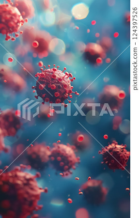 Close-up of virus particles floating in microscopic view, colored in pink and blue hues, representing pathogens or cells in biological environment 124397526