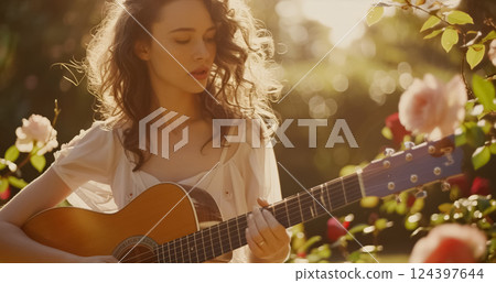 beautiful woman joyfully plays guitar at garden with blooming flowers at sunset, radiating peace and happiness in the golden hour of tranquil summer evening 124397644