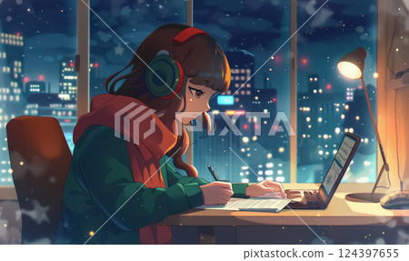 illustration of lonely solitude girl studying and coding with laptop by window with night city view, young woman learning programming with computer and listening music in headphones 124397655