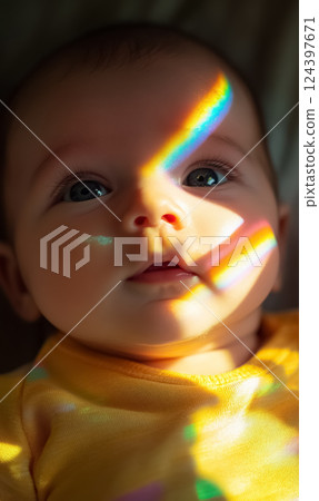 close-up of baby toddler face with vibrant rainbow light reflecting across face, innocence and curiosity of kids concept 124397671