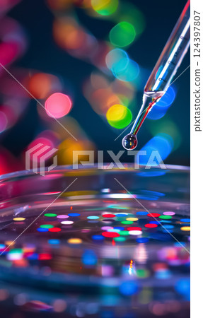 vibrant drop of liquid from pipette hovers over glowing petri dish, highlighting cutting-edge research in molecular biology and DNA experiments 124397807