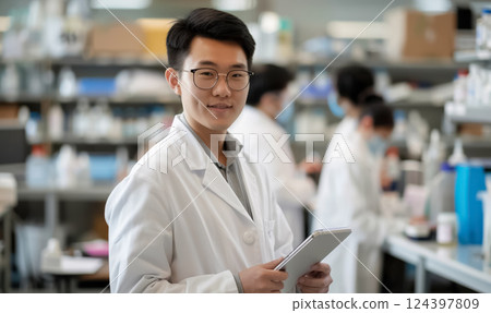 scientist in lab coat uses tablet while standing in biotechnology research lab, surrounded by coworkers researchers, innovation and medical scientific analysis 124397809