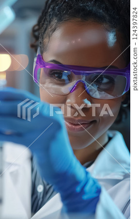 focused female scientist in glasses and purple gloves holds up test tube with biotech sample liquid, biotechnology experiment in laboratory environment focused female scientist in glasses and purple gloves holds up test tube with biotech sample liquid, biotechnology experiment in laboratory environment 124397824