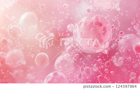 Floating pink cells in a translucent membrane with soft bokeh light effects, highlighting the delicate and intricate nature of cellular structures in a magnified view 124397864