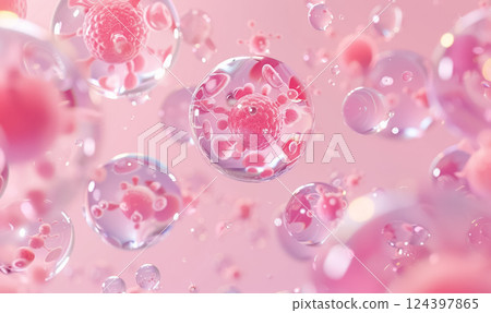 A vibrant microscopic view of pink spherical cells with delicate membranes floating in a translucent, glowing environment, highlighting the intricate details of cellular structures 124397865
