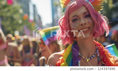young queer woman with pink vibrant hair celebrating pride parade, gay or lesbian person with rainbow colors signs and vivid makeup 124397890