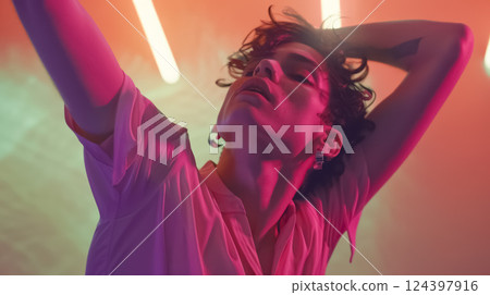 feminine queer man with androgynous body, non binary person self-expression concept, glamour homosexual guy portrait feminine queer man with androgynous body, non binary person self-expression concept, glamour homosexual guy portrait 124397916