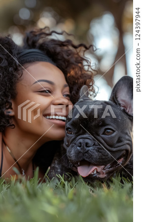 young woman with adorable lovely french bulldog dog lying on grass and hugging, love and domestic animals and pets 124397944