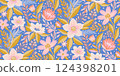 A seamless floral pattern with delicate pink and white flowers, golden leaves, and a soft blue background. A perfect design for textiles, packaging, wallpapers, fabric prints, stationery, gift wrap. 124398201