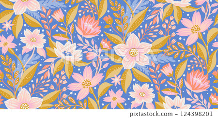 A seamless floral pattern with delicate pink and white flowers, golden leaves, and a soft blue background. A perfect design for textiles, packaging, wallpapers, fabric prints, stationery, gift wrap. A seamless floral pattern with delicate pink and white flowers, golden leaves, and a soft blue background. A perfect design for textiles, packaging, wallpapers, fabric prints, stationery, gift wrap. 124398201