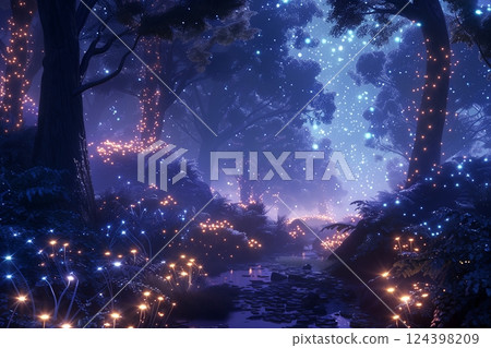 A magical forest illuminated by glowing lights, creating a serene and enchanting atmosphere. A magical forest illuminated by glowing lights, creating a serene and enchanting atmosphere. 124398209