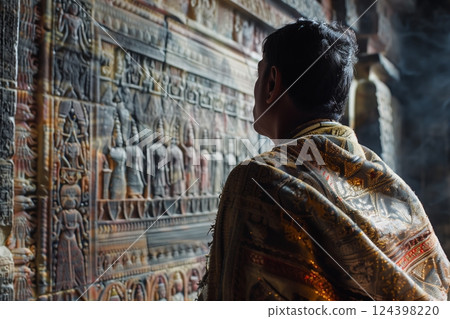 A man gazes at intricate carvings on a temple wall, embodying spiritual reflection and cultural heritage. 124398220