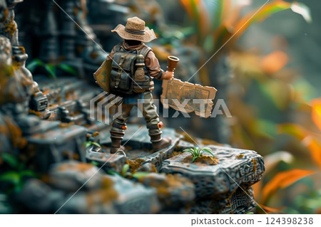 A miniature explorer stands atop ancient ruins, map in hand, ready for an adventure in a lush, vibrant landscape. 124398238