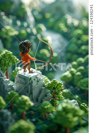 A miniature figure with a bow stands atop a rock in a vibrant forest, embodying adventure and creativity. 124398241