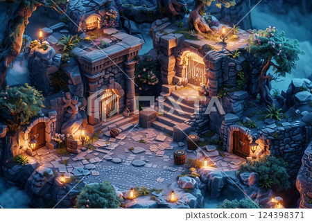 A mystical landscape showcasing ancient ruins and glowing lights, surrounded by nature and a night sky. 124398371
