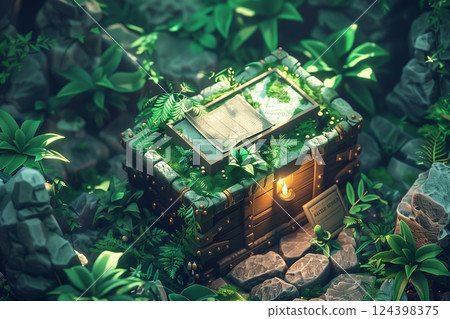 A mystical treasure chest surrounded by lush green plants, capturing the essence of hidden secrets and adventure. 124398375