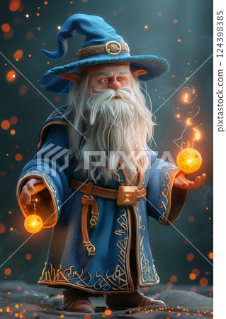 A mystical wizard conjuring fireballs, surrounded by an enchanting atmosphere of magic and wonder. 124398385