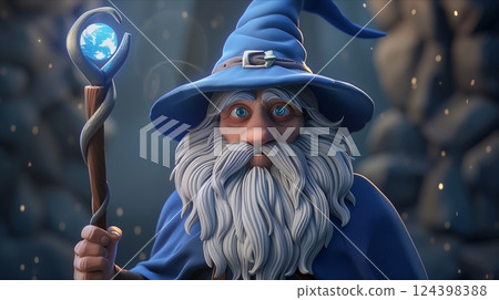 A mystical wizard with a blue hat and glowing staff, set in a magical environment filled with shimmering lights. 124398388