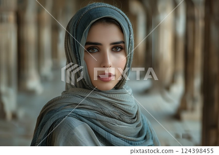 A portrait of a young woman in a traditional hijab, showcasing beauty and cultural identity in a historic setting. 124398455