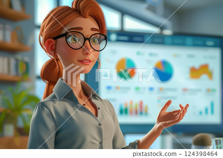 A professional woman presenting data and charts in an office setting, showcasing business insights and analysis. 124398464