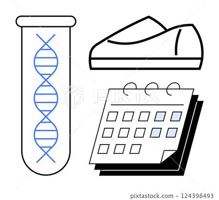 DNA double helix in test tube, shoes, and spiral-bound calendar. Ideal for scientific research, genetics studies, health planning, laboratory schedules, time management, physical activity planning DNA double helix in test tube, shoes, and spiral-bound calendar. Ideal for scientific research, genetics studies, health planning, laboratory schedules, time management, physical activity planning 124398493
