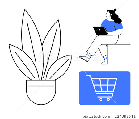 Woman sitting with laptop, large potted plant, blue shopping cart icon. Ideal for remote work, e-commerce, online shopping, home office, freelancers, digital marketing, online learning themes. Line Woman sitting with laptop, large potted plant, blue shopping cart icon. Ideal for remote work, e-commerce, online shopping, home office, freelancers, digital marketing, online learning themes. Line 124398511
