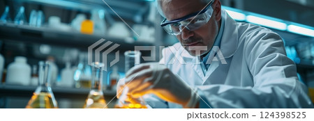 A scientist conducts experiments in a modern laboratory filled with glassware and colorful liquids. 124398525