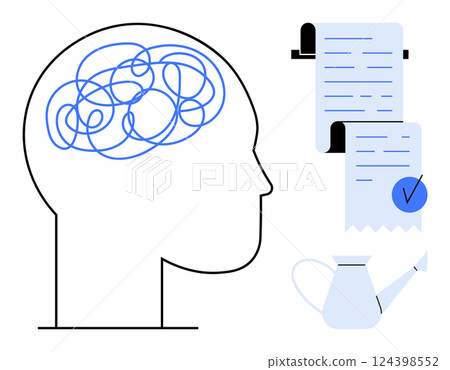 A chaotic brain silhouette next to an organized to-do list. Ideal for mental health, productivity, planning, task management, and stress management themes. Simple and clean design 124398552