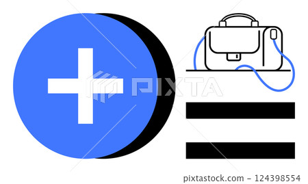 Blue plus sign with black shadow, briefcase with blue strap, and two black bars. Ideal for business, healthcare, productivity, work-life balance, organization, professional growth, health. Line 124398554