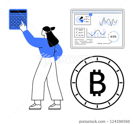 Female character using a calculator, analyzing financial charts, and a Bitcoin symbol. Ideal for finance, investment, cryptocurrency, data analysis, business strategy, economic projections 124398560
