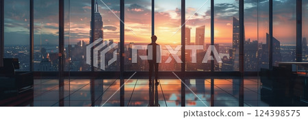 A silhouette of a person gazing at a sunset over a city skyline through glass windows, inspiring reflection and ambition. 124398575