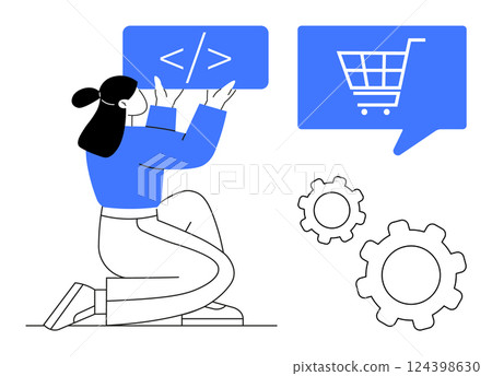 Woman kneeling and holding a code snippet symbol, chat bubble with shopping cart, two gear icons. Ideal for web development, e-commerce, technology, coding, online shopping, collaboration, business Woman kneeling and holding a code snippet symbol, chat bubble with shopping cart, two gear icons. Ideal for web development, e-commerce, technology, coding, online shopping, collaboration, business 124398630