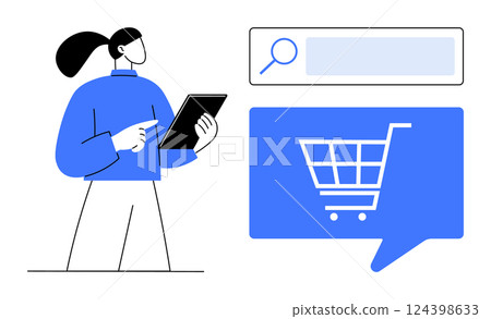 Woman holding a tablet and pointing at it, large shopping cart icon inside speech bubble, and search bar. Ideal for e-commerce, online shopping, digital marketing, retail, business, technology 124398633