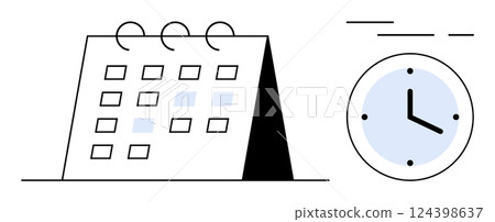 Calendar with marked dates beside a clock indicating scheduled times and efficiency. Ideal for productivity tools, time tracking, scheduling apps, event planning, office tools, educational materials 124398637