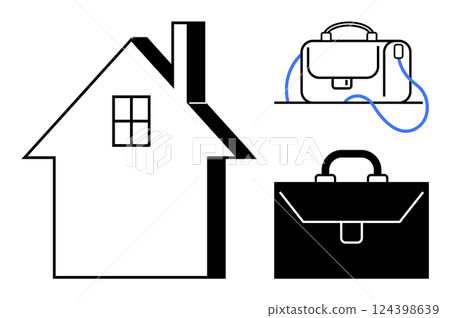 House with window and chimney, modern handbag with blue strap, classic briefcase. Ideal for work-life balance, telecommuting, real estate, business travel, home office setup, lifestyle, work culture 124398639