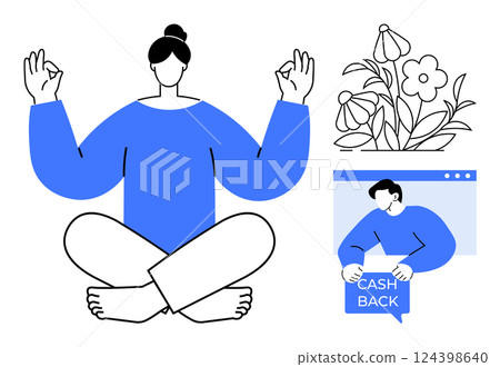 A minimalist style image of a person meditating, a cash back box held by a person on computer screen, and a floral element. Ideal for mindfulness, wellness, personal finance, online shopping 124398640