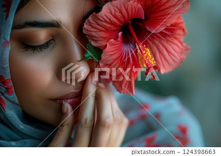 A serene portrait of a woman with a hibiscus flower, embodying tranquility and cultural beauty. 124398663