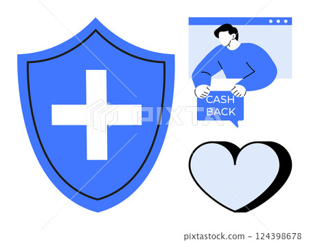 Large blue shield with a white cross, a person offering cashback through a website window, and a heart icon. Ideal for healthcare, insurance, financial incentives, online services, customer support Large blue shield with a white cross, a person offering cashback through a website window, and a heart icon. Ideal for healthcare, insurance, financial incentives, online services, customer support 124398678