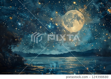 A serene night scene featuring a bright moon over a tranquil lake filled with shimmering stars. A serene night scene featuring a bright moon over a tranquil lake filled with shimmering stars. 124398680