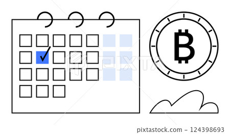 Calendar with marked date, Bitcoin symbol, and cloud. Ideal for cryptocurrency planning, digital finance strategy, blockchain events, fintech timelines, virtual currency tracking, investment 124398693