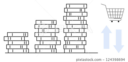 Black and white stacks of coins increasing in height with a shopping cart and up and down arrows. Ideal for financial growth, savings, investment, shopping trends, and economic analysis. Minimalist Black and white stacks of coins increasing in height with a shopping cart and up and down arrows. Ideal for financial growth, savings, investment, shopping trends, and economic analysis. Minimalist 124398694